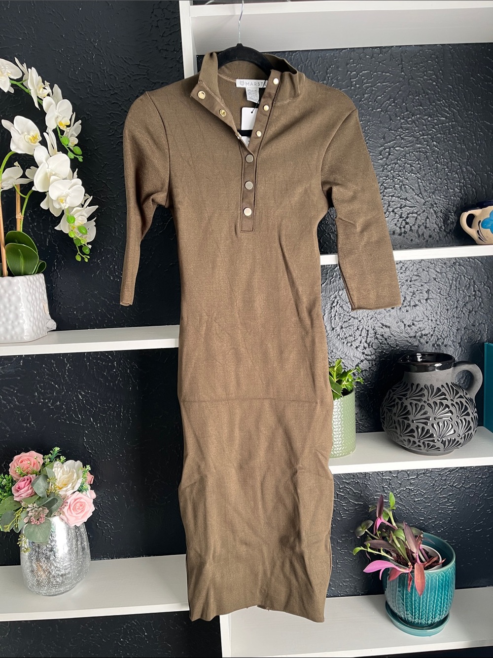 Marsté Olive Button-Neck Ribbed Midi Dress